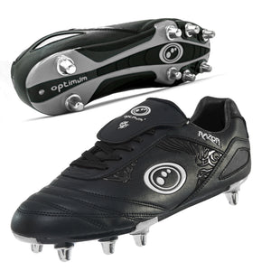 All-black Optimum Razor rugby boot showing grey sole and eight studs on white background - Optimum