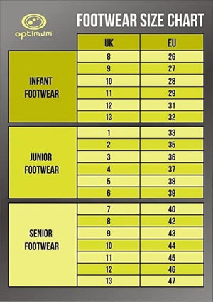 Optimum footwear size chart showing UK to EU size conversions for infant, junior, and senior footwear