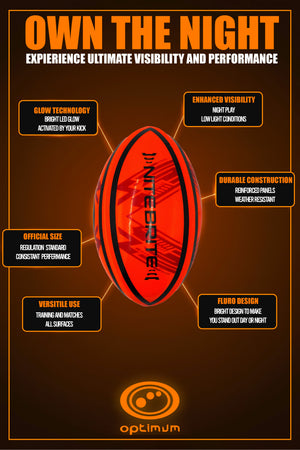Optimum LED Glow Rugby Ball Size 5 – Motion Activated with Auto-Off | Durable Water-Resistant Night Play | Includes Pump & Spare Batteries | UK Sports Brand - Optimum