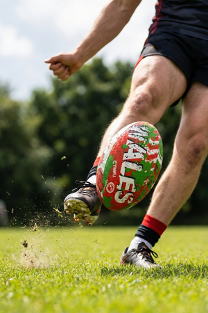 Player kicking a red, green and white Optimum Wales rugby ball, spraying turf, on a grass field - Optimum