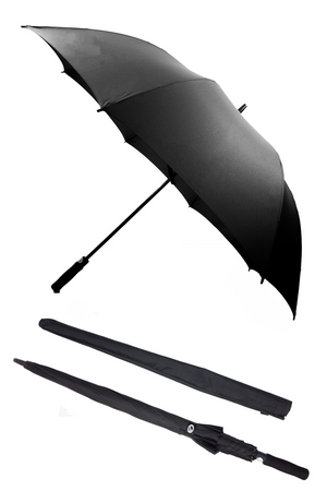 Black Optimum golf umbrella shown open and closed with carry sleeve, on white background - Optimum