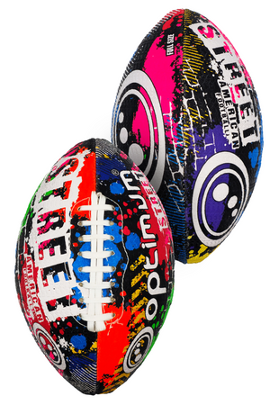 Two Optimum Street American footballs with graffiti print showing both printed sides - Optimum
