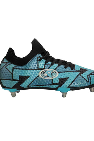 Side profile of the boot showing the teal zigzag graphic and screw-in studs