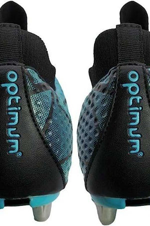 Rear view of both boots showing teal Optimum text on the heel