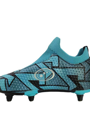Side profile of the Aztec laceless boot showing the teal knit collar and Optimum logo