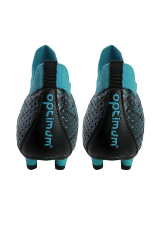 Rear view of both boots showing teal Optimum text on the heel