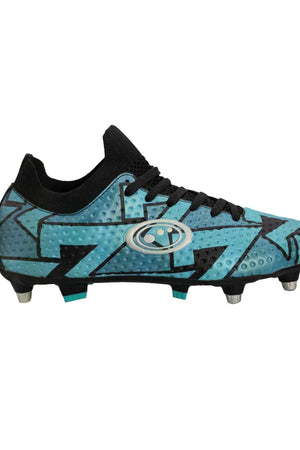 Side profile of the boot showing the teal zigzag graphic and hybrid stud sole