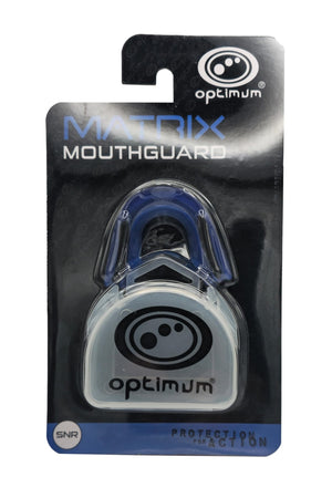 Blue Optimum Matrix mouthguard in branded blister pack with clear case, black card backing, on white - Optimum