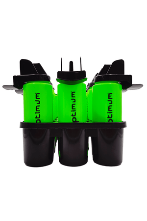 Black Optimum carrier holding green water bottles with black caps, side view - Optimum