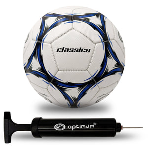 Optimum Classico Football in Black/Blue, shown with a pump