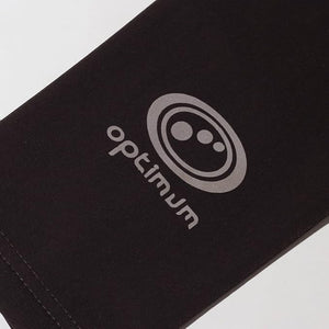 Close-up of black Optimum Hawkley arm warmer fabric with silver-grey logo print - Optimum