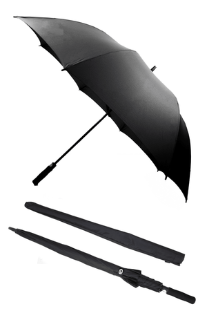 Black Optimum golf umbrella shown open and closed with carry sleeve, on white background - Optimum
