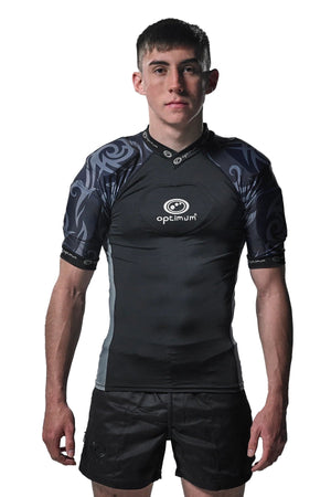 Black and grey Optimum Razor protective top with tribal-print padded shoulders, front on model - Optimum
