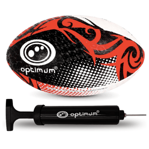 Optimum Razor Rugby Ball in Black/Red with Optimum pump