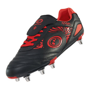 Optimum Razor rugby boot in black and red, side view, 8 metal screw-in studs, red laces and dragon print - Optimum