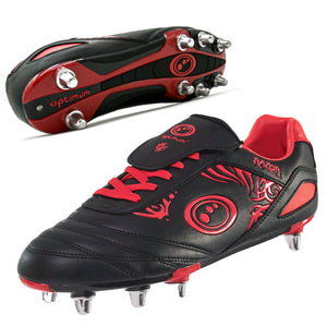 Optimum Razor rugby boot in black and red, side and sole views showing 8 metal screw-in studs - Optimum