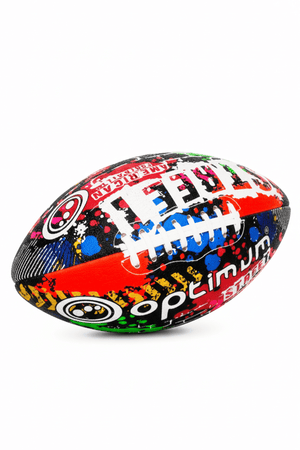 Optimum Street American football, angled view with graffiti print, logo and white laces - Optimum
