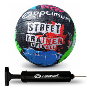 Optimum Street Trainer netball (multicolour splatter) with black Optimum hand pump on white background - Optimum