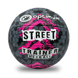 Optimum Street Trainer netball, black and grey with pink chevron print, front view on white - Optimum