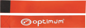 Two red PVC Optimum tag rugby flags laid flat with white logo and black velcro ends, on white
