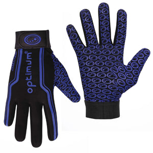 Pair of black and blue Optimum grip gloves, back with wrist strap and patterned grip palm on white - Optimum