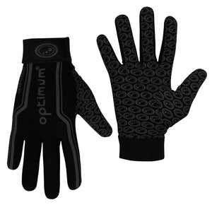 Pair of all-black Optimum grip gloves, back with wrist strap and patterned grip palm on white - Optimum