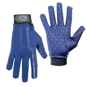 Pair of navy blue Optimum grip gloves, back with wrist strap and patterned grip palm on white - Optimum