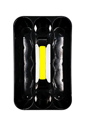 Top-down view of empty black Optimum bottle carrier showing compartments and yellow grip - Optimum