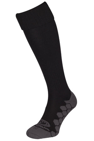 Single black Classico football sock, side view with grey hexagonal grip sole on white - Optimum