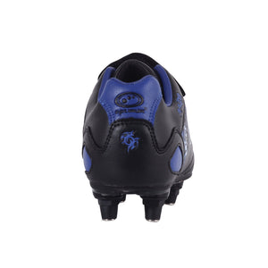Black and blue junior Optimum Razor football boot, rear heel view with blue logo and screw-in studs - Optimum