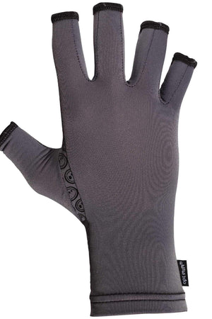 Single grey open-finger arthritis compression glove, back view on plain white - Optimum