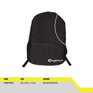 Black and white Optimum backpack with spec table showing size 46x32x17cm, angled view on white - Optimum