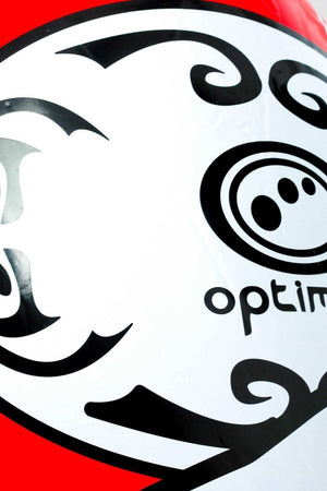 Close-up of red Optimum inflatable tackle buddy showing white arm graphic and black logo print - Optimum