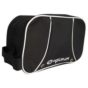 Black Optimum boot bag with white piping, logo, side zip and carry handle, angled view on white - Optimum