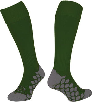 Pair of bottle green Optimum Classico knee-length football socks with grey grip sole, front and back, on white - Optimum