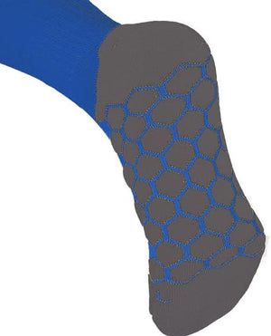 Close-up of royal blue Classico sock grey hexagonal grip footbed on white - Optimum
