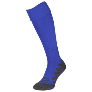Single royal blue Classico football sock, side view with dark grey hexagonal grip sole on white - Optimum