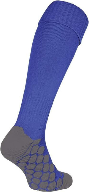 Single royal blue Classico football sock, angled rear view with grey hexagonal grip sole - Optimum