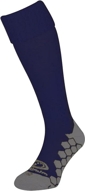 Single navy Classico football sock, side view with grey hexagonal grip sole on white - Optimum