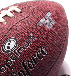 Close-up of maroon Optimum Enforce football with laces and Official Trainer text - Optimum
