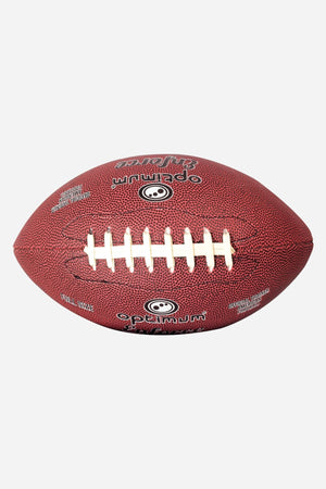 Maroon Optimum Enforce American football, laces-up top view with branding - Optimum