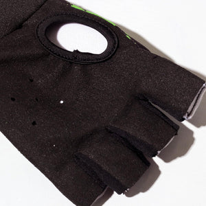 Close-up of black Optimum Fusion half-finger hockey glove palm with ventilation opening and holes, on white - Optimum