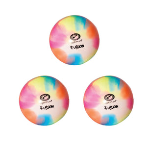 Three multi-colour tie-dye Optimum Fusion hockey balls with black logo, smooth surface, on white - Optimum