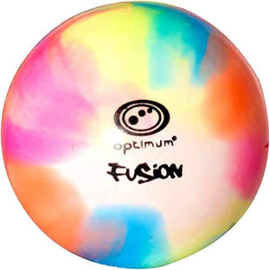 Multi-colour tie-dye Optimum Fusion hockey ball with black logo, smooth surface, close-up on white - Optimum