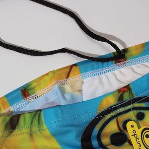 Optimum Tackle Trunks swim brief, close-up of black drawstring and white lining on banana blue print - Optimum
