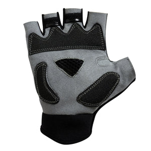 Grey and black half-finger cycling glove, palm view with padded gel pads and mesh vent panel, on white - Optimum