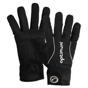 Black full-finger winter cycling gloves pair, palm and back with white Optimum logo, on white - Optimum