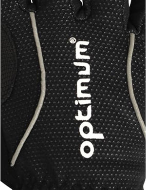 Close-up of black winter cycling glove back with white Optimum logo and reflective piping - Optimum