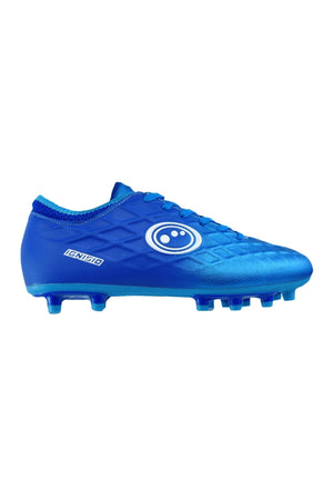 Blue Optimum Ignisio football boot, inner side view with white ring logo, IGNISIO print and moulded studs, on white - Optimum