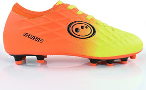 Orange and fluro yellow Optimum Ignisio football boot, outer side view, IGNISIO print and black ring logo, on white - Optimum